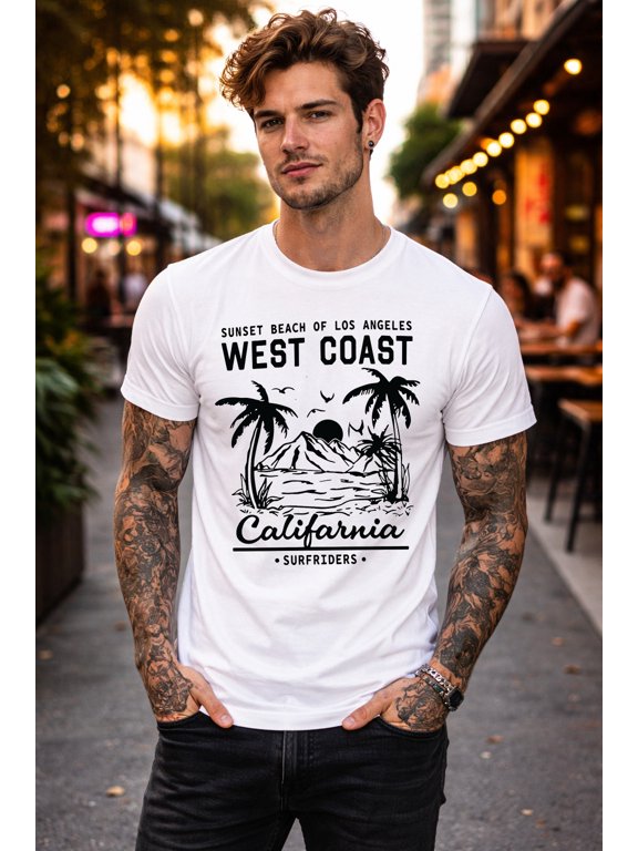 West Coast California Graphic T-Shirt Surf Beach Palm Tree Sunset Unisex Tee