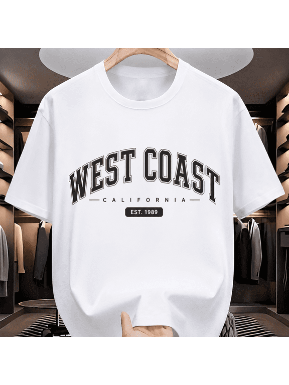 West Coast California Graphic T-Shirt, Vintage Varsity Letter Print Crew Neck Short Sleeve Casual Tee for Men and Women, Everyday Summer Top