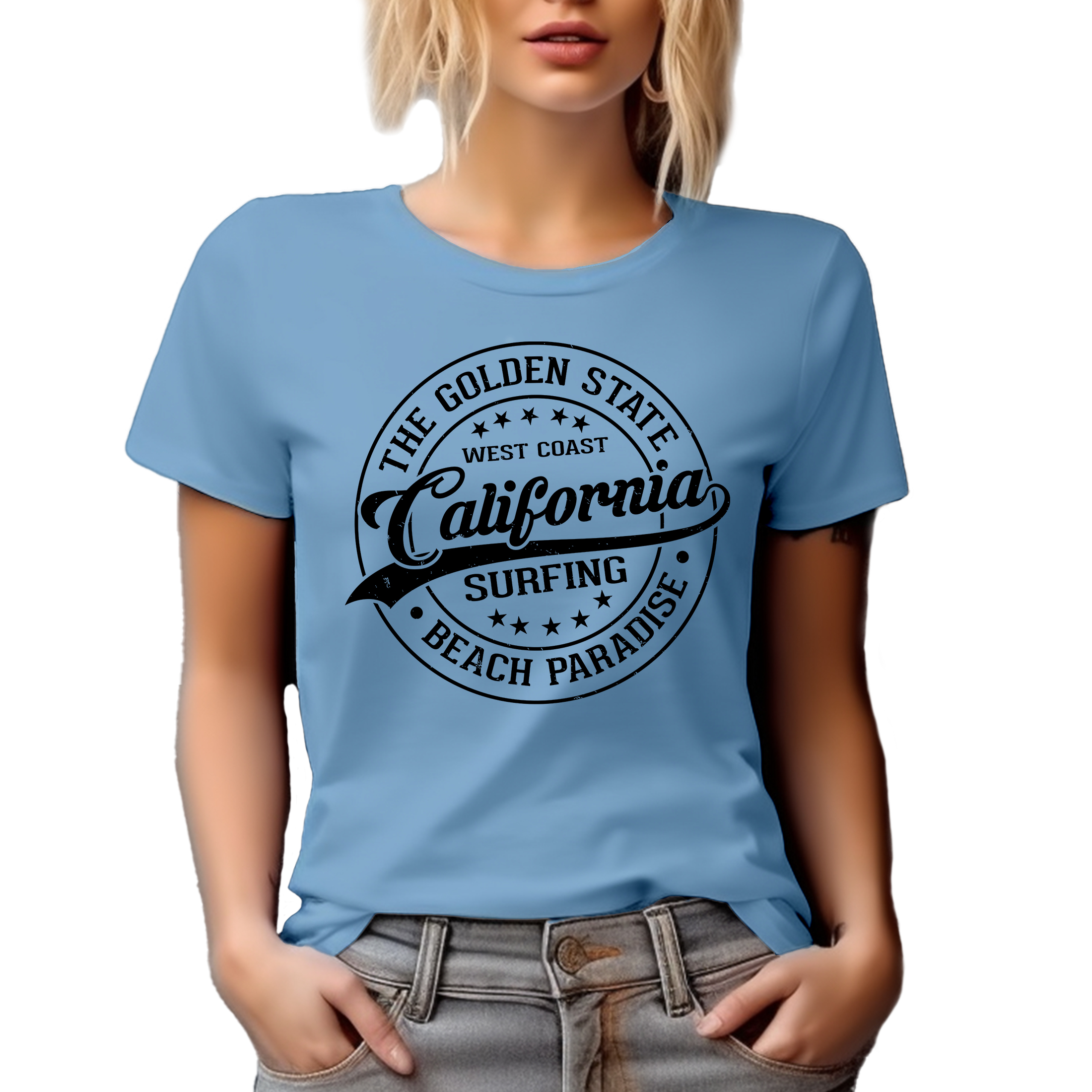 West Coast California Surfing, Beach Paradise, Surfer or Surf Enthusiast, Baby Blue T-Shirt, 3XL
