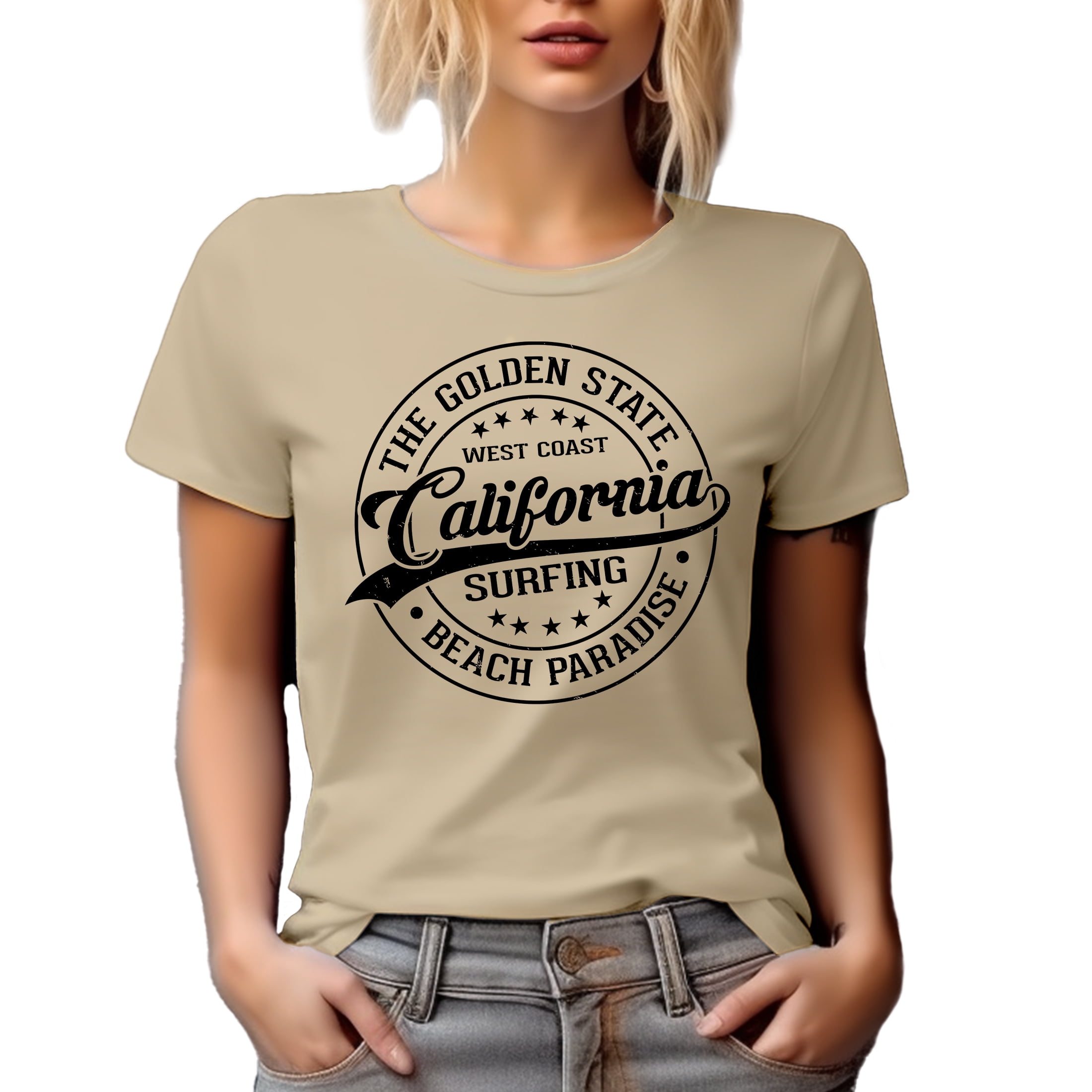 West Coast California Surfing, Beach Paradise, Surfer or Surf Enthusiast, Tan T-Shirt, Small