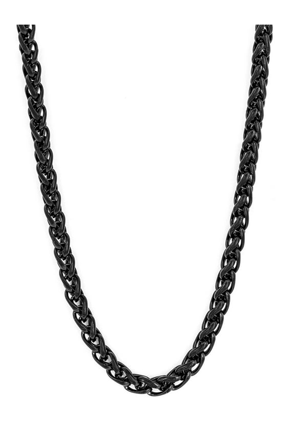 Men's Black Plated Stainless Steel Spiga Wheat Chain Necklace (3mm) - 24"