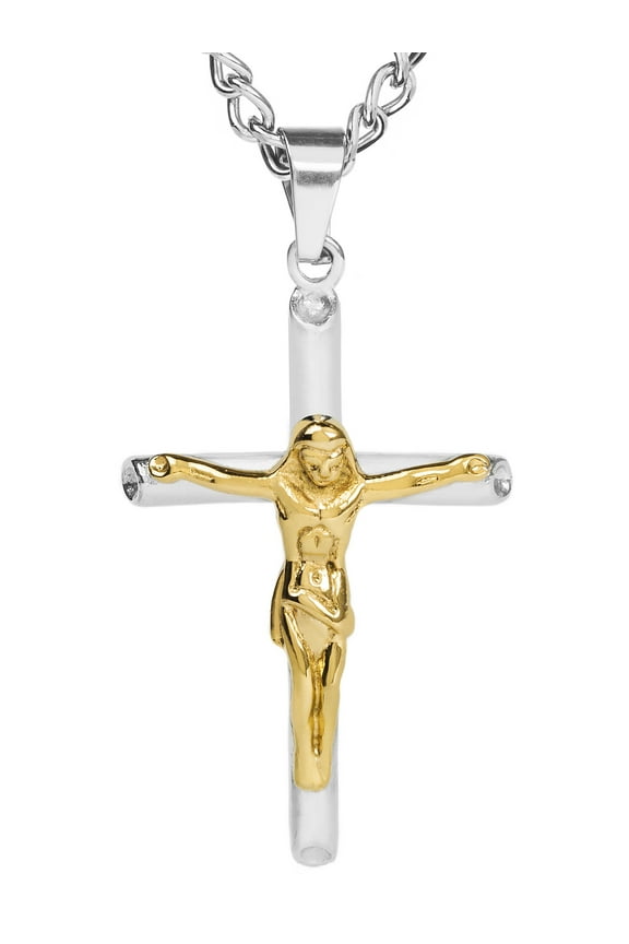 Men's Two Tone Stainless Steel Crucifix Cross Necklace