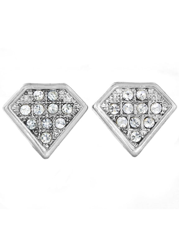 Women's Micro Pave Crystal Diamond-Shaped Silver Tone Stud Earrings