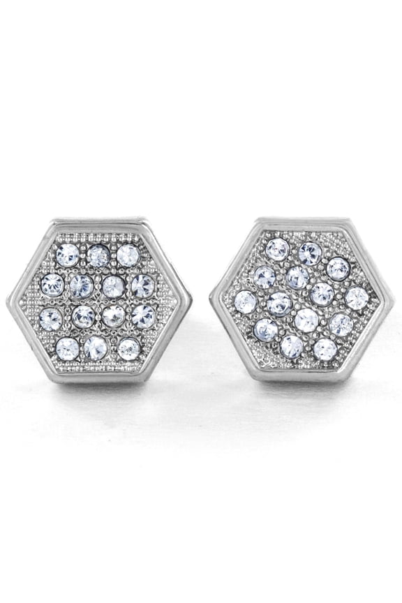 Women's Micro Pave Crystal Hexagon Silver Tone Stud Earrings