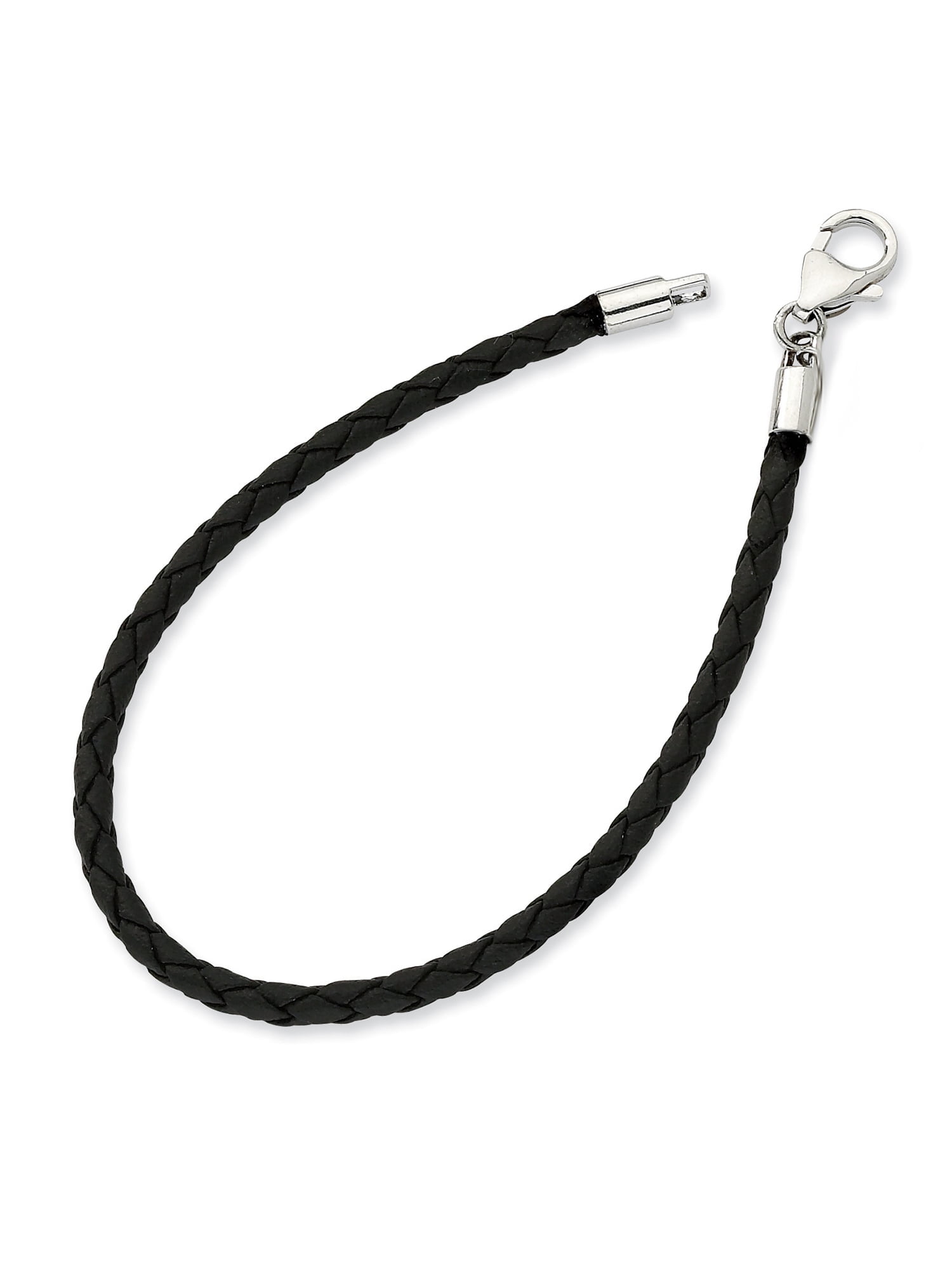 Women's Silver Plated Clasp Braided Leather Bracelet (3mm) - 8.25"
