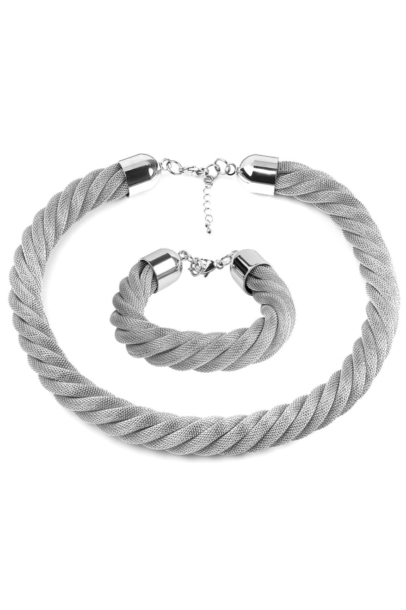 Women's Stainless Steel Twisted Mesh Chain Necklace (18") and Bracelet (7.5") Set
