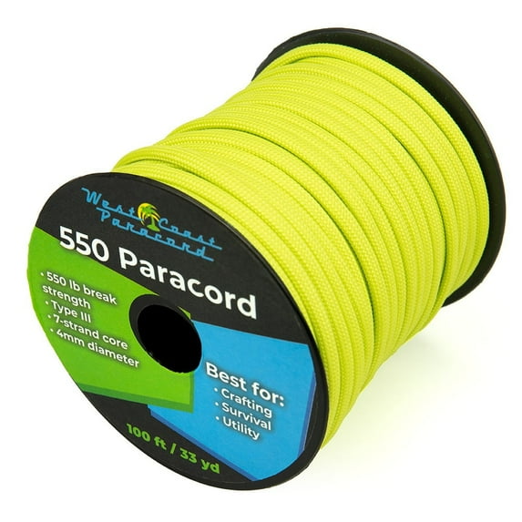 West Coast Paracord 550 Lb - Paracord Parachute Rope Great for Outdoors Camping, Storage Kayak Utility – 100 Feet - Yellow
