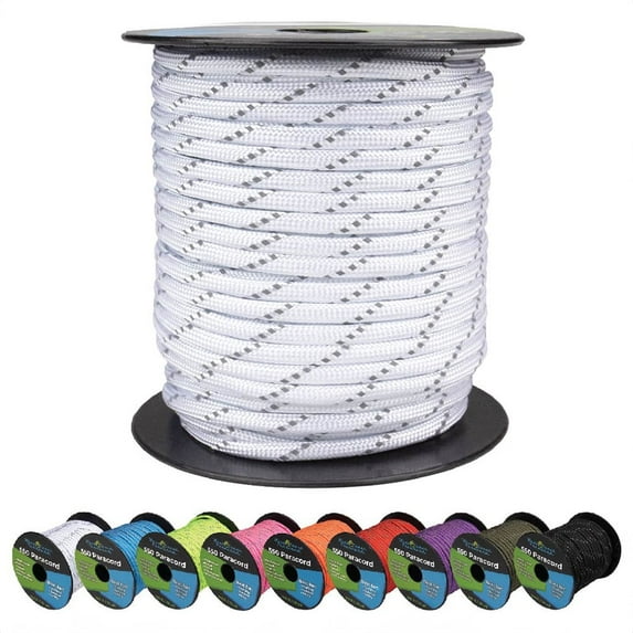 West Coast Paracord Reflective 550lb Paracord – 7 Strand Type III Tactical Parachute Cord for Hiking, Camping, and Fishing – Reflective White (100 ft)