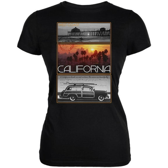 West Coast Postcard Pier Palm California Juniors Soft T Shirt Black MD