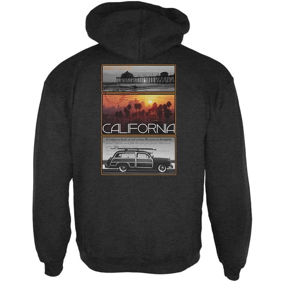West Coast Postcard Pier Palm California Mens Hoodie Charcoal Heather MD