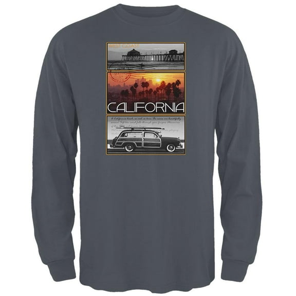 West Coast Postcard Pier Palm California Mens Long Sleeve T Shirt Charcoal SM