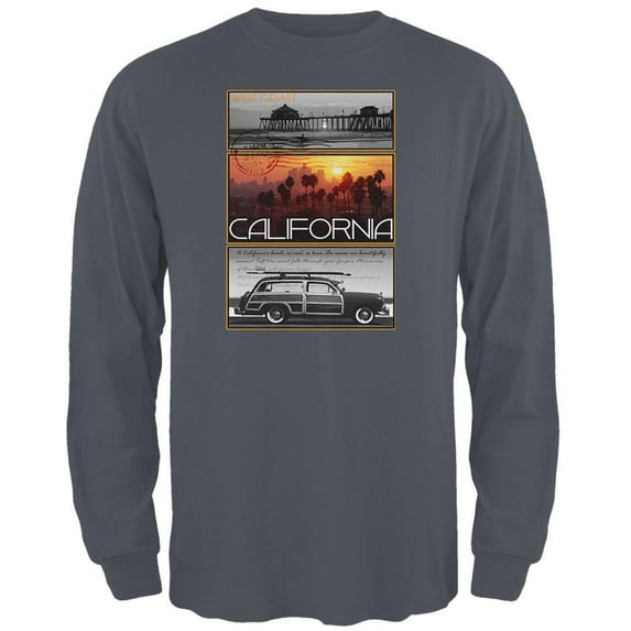 West Coast Postcard Pier Palm California Mens Long Sleeve T Shirt Charcoal X-LG