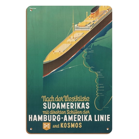 West Coast of South America - Hamburg-American Line HAPAG and Kosmos (HAMBURG-AMERIKA LINIE) - Vintage Travel Poster by Ottomar Anton c.1930s - 8 x 12 inch Vintage Wood Art Sign