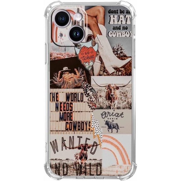 West Cowboy Case for iPhone 14 Plus, Western Country Art Collage, Trendy Soft TPU Protective Case Compatible for iPhone 14 Plus