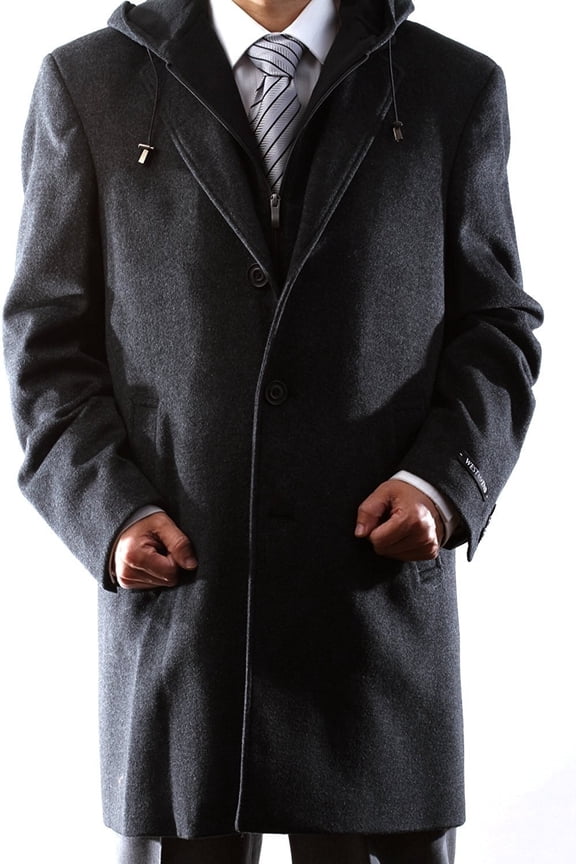 West End Men's Single Breasted Wool 3/4 Length Topcoat with Hood 38R, Black