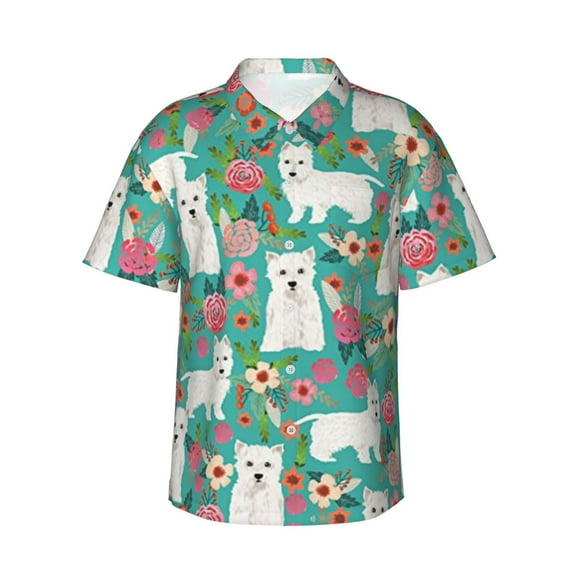 West Highland Terrier Men'S 3d Print Casual Button Down Shirts, Novelty Hawaiian Short Sleeves S