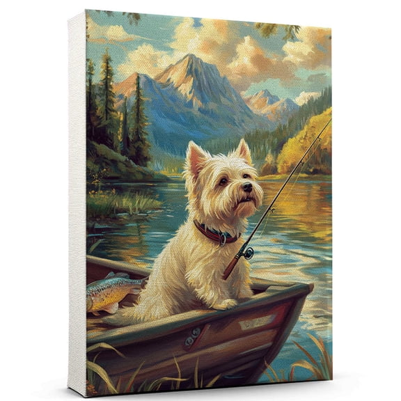 West Highland White Terrier Dog Playing Fishing Canvas – Sports Dog, Perfect for Animal Lovers, West Highland White Terrier Dog Canvas, Fishing Canvas Wall Art for Rooms