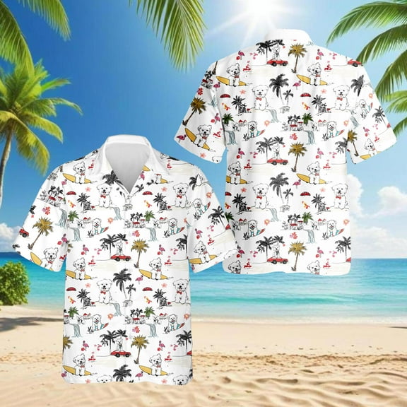 West Highland White Terrier Hawaiian Shirt for Men, Button Down Summer Beach Short Sleeve, Dog Lover Gifts, S-5XL
