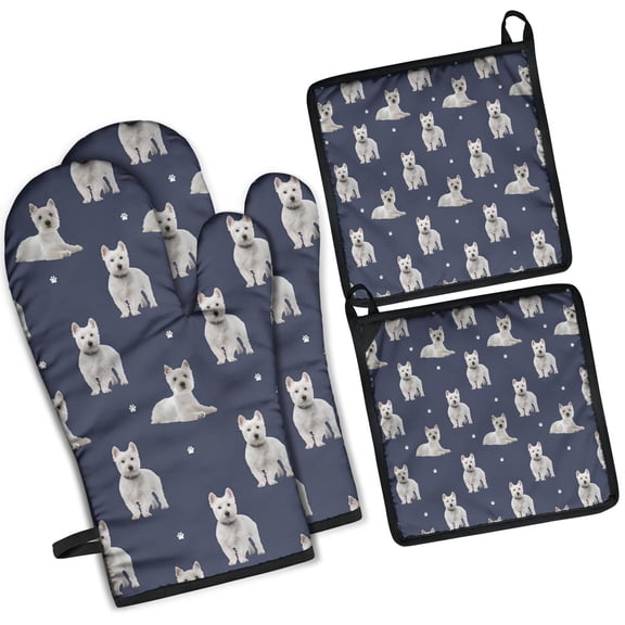 West Highland White Terrier Kitchen Oven Mitt and Pot Holder Sets 2 Pcs for Baking, Cooking and Grilling, Heat Resistant Up To 392 °F