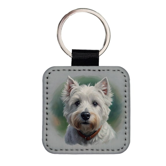 West Highland White Terrier Westie Dog Illustration Faux Leather Square Keychain
