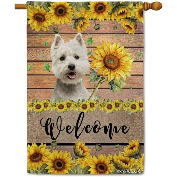 West Highland White Terrier Westie Sunflower House Flag Dog Welcome Spring Summer Wooden Print Flag Banner Outside Yard Decor 28X40 Inch Double Side Style 1