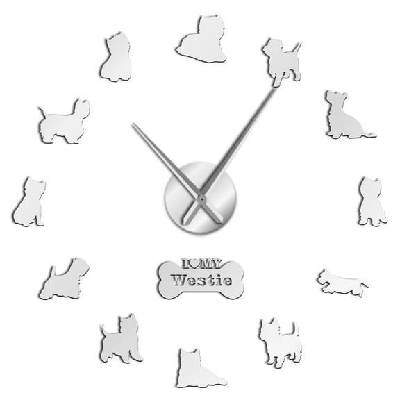 West Highland White Terrier Westies Dog Silhouette Frameless Wall Clock Stickers, DIY Modern Decorative Clocks for Living Room, Bedroom, Office - Easy to Install, Large 3D Clock Design (Silver,37in)