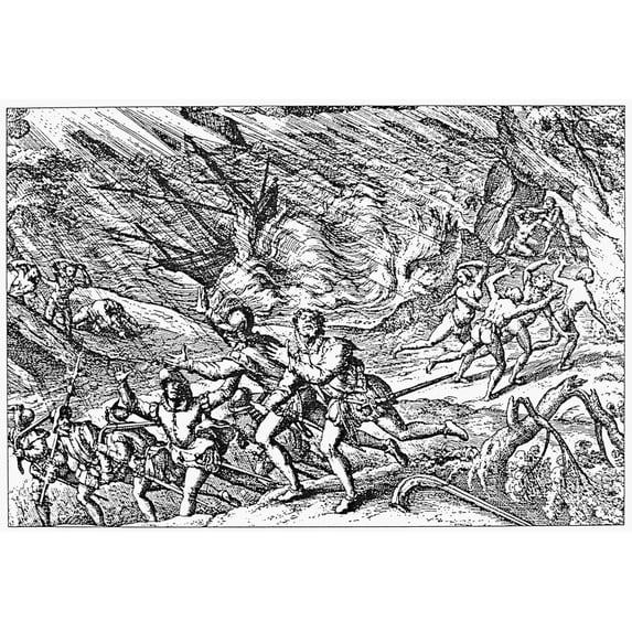 West Indies Hurricane. Na Hurricane In The West Indies. Line Engraving Late 16Th Century. Poster Print by