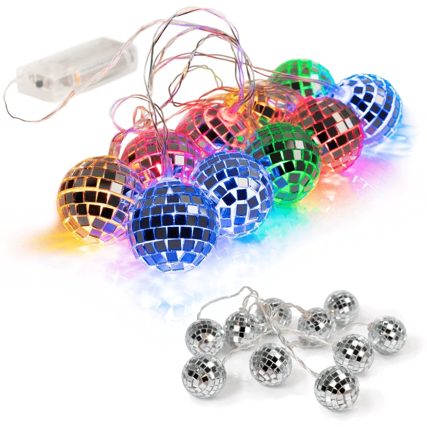 West Ivory 10 LED 2" Disco Balls String Lights 5.5ft, Battery Operated Portable Decorative Novelty Christmas Holiday Hanging Fairy Light Garland for Indoor/Outdoor, Silver Mirror/Colorful