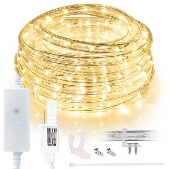 West Ivory 190 LEDs, 25ft Warm White LED Rope Light w/ 8 Mode 3/8" Thick, Controller Connectable Outdoor Permanent Waterproof Accent Exterior Lighting, ETL Certified, Holiday Christmas Backyard Decor