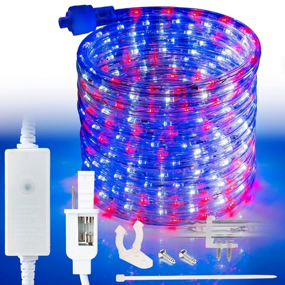 West Ivory 381LEDs, 50ft USA American Red White Blue, Outside LED Rope Light, 8 Modes, Connectable Outdoor Permanent Waterproof Accent Exterior Lighting, PVC Case, Backyard Patio, Garden, Decorative