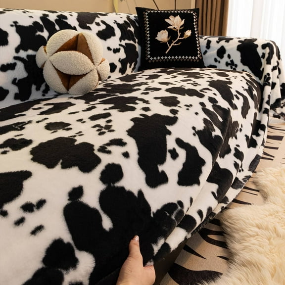 West Ivory 4-Seater Ultra-Thick Winter Soft Plush Couch Cover – Washable Furniture Protector for Dogs, Pets, Anti-Slip, Anti-Dust Sofa Cushion Cover, Black and White, 133.86 x 66.93 Inches