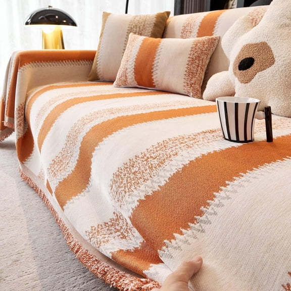 West Ivory - 71" x 165" Inch Chenille Couch Cover - Non Slip Furniture Protector, Anti-Scratch, Washable for Dog Cat Kids Soft Furniture Protector - Orange