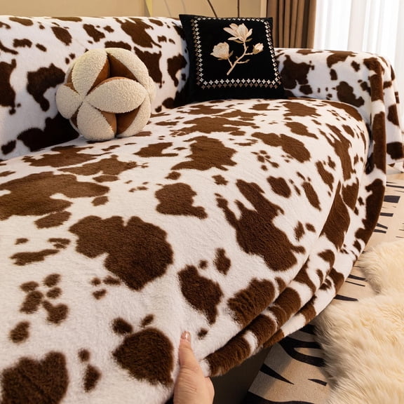 West Ivory 5-Seater Ultra-Thick Winter Soft Plush Couch Cover – Washable Furniture Protector for Dogs, Pets, Anti-Slip, Anti-Dust Sofa Cushion Cover, Cocoa and White, 165.35 x 66.93 Inches