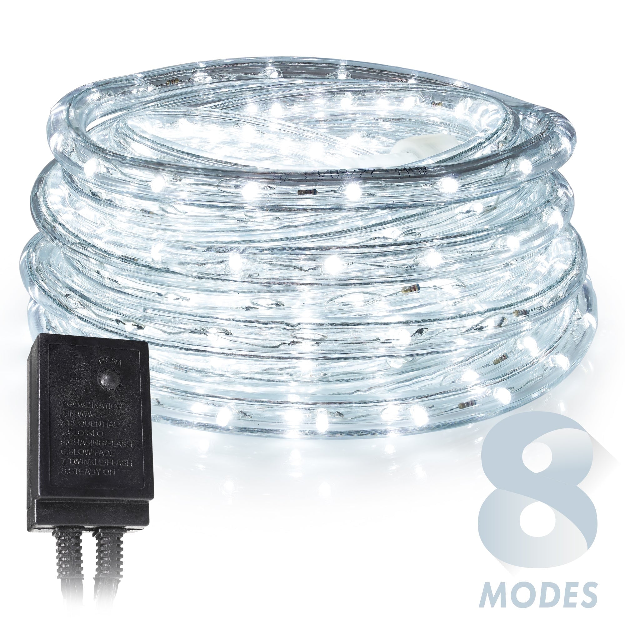 West Ivory - 190LEDS,Cool White 3/8" LED Rope Lights with 8 Lighting Modes Controller, IP65, Linkable