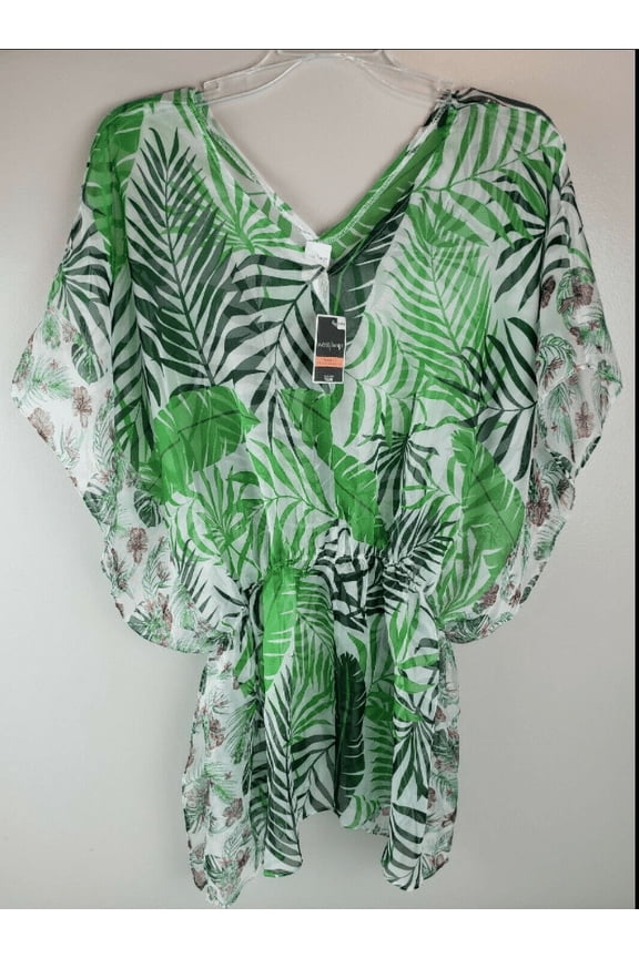 Beach Cover Up Peplum Blouse Sheer Palm Leaves Floral One size V-neck