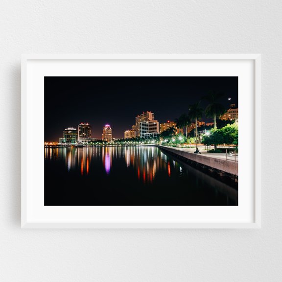 The West Palm Beach Skyline - West Palm Beach Florida Photography City Skyline Nightlife Tropical Architecture Palm Tree White Framed Wall Art Print 5 x 7 inches