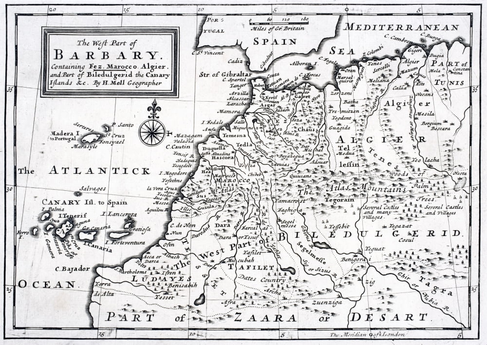 The West Part Of Barbary Containing Fez Marocco Algier And Part Of Biledulgerid The Canary Islands Etc Map From Circa 1720 By Hermann Moll Canvas Art - Ken Welsh Design Pics (34 x 24)