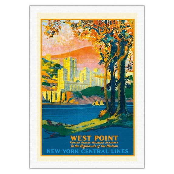 West Point - United States Military Academy - New York Central Lines - Vintage Railroad Travel Poster by Frank Hazell c.1920s - Fine Art Rolled Canvas Print 27in x 40in