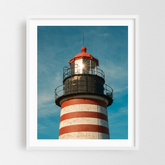 West Quoddy Head Lighthouse - Lubec Maine Photography Lighthouse Coastal Ocean Architecture Beach Vintage Scenic White Framed Wall Art Print 18 x 24 inches