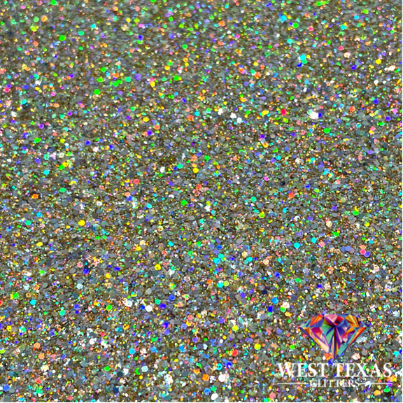 West Texas Glitters 2oz Holographic Silver, Rainbow, Millionaire, Chunky Mix, Art and Craft Glitter, Polyester Glitter, 1 Each Shaker Bottle