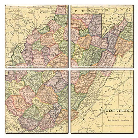 West Virginia Coaster of Vintage Map (Set of 4)