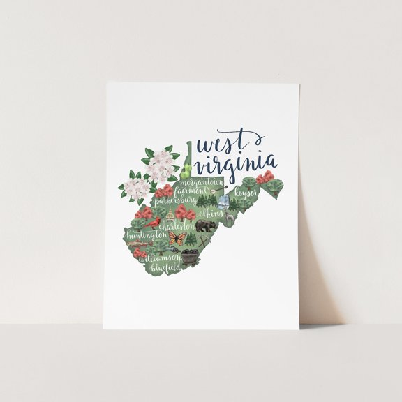 West Virginia Map Home State Landmark Wv Gift Drawing For Decor Wall, Unframed Paper Print