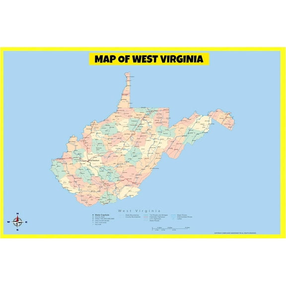 West Virginia - Map Poster - Laminated Wall Map - Style D - 24x36 - Ideal for Classrooms and Homes – Features Bright Colors and Vivid Imagery