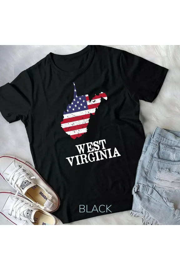 West Virginia Map, State, American Flag, and 4th Of July Themed Unisex T-Shirt