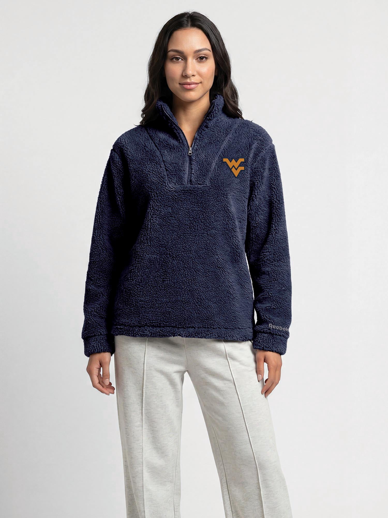 West Virginia Mountaineers Reebok Womens Relaxed Fit Qtr Zip Sherpa Pullover