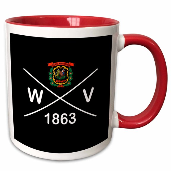 3drose, West Virginia State Abbreviation, Statehood, and Flag Art on Black., 11oz Two-tone Red Mug