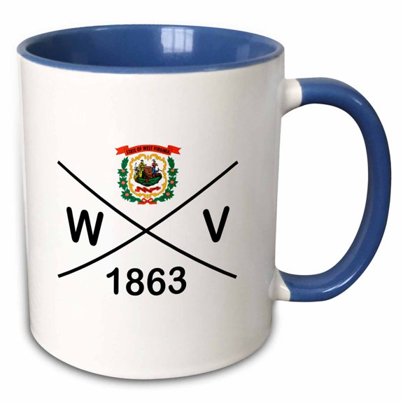 3drose, West Virginia State Abbreviation, Statehood, and Flag Art on White., 11oz Two-tone Blue Mug