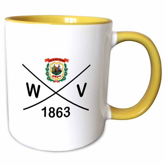 3drose, West Virginia State Abbreviation, Statehood, and Flag Art on White., 11oz Two-tone Yellow Mug
