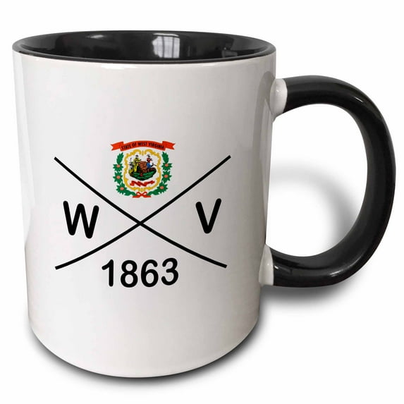 3drose, West Virginia State Abbreviation, Statehood, and Flag Art on White., 15oz Two-tone Black Mug