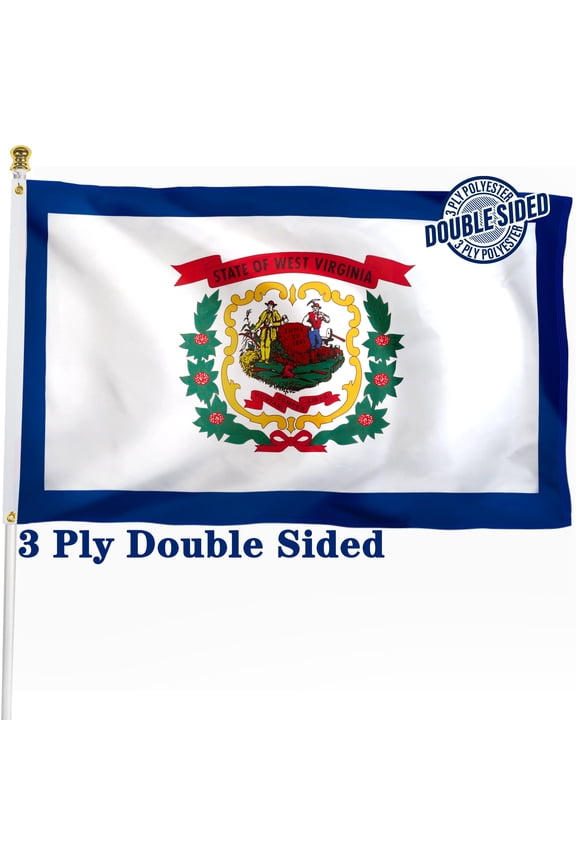 West Virginia State Flag 3x5 ft, Heavy Duty 3 Ply Durable Polyester, WV Flag with Vibrant Print/4 Rows Hemming/Brass Grommets